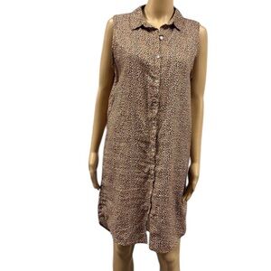 Linen Tahari Brown Cream Black Print Button Down Sleeveless Shirt Dress Womens M